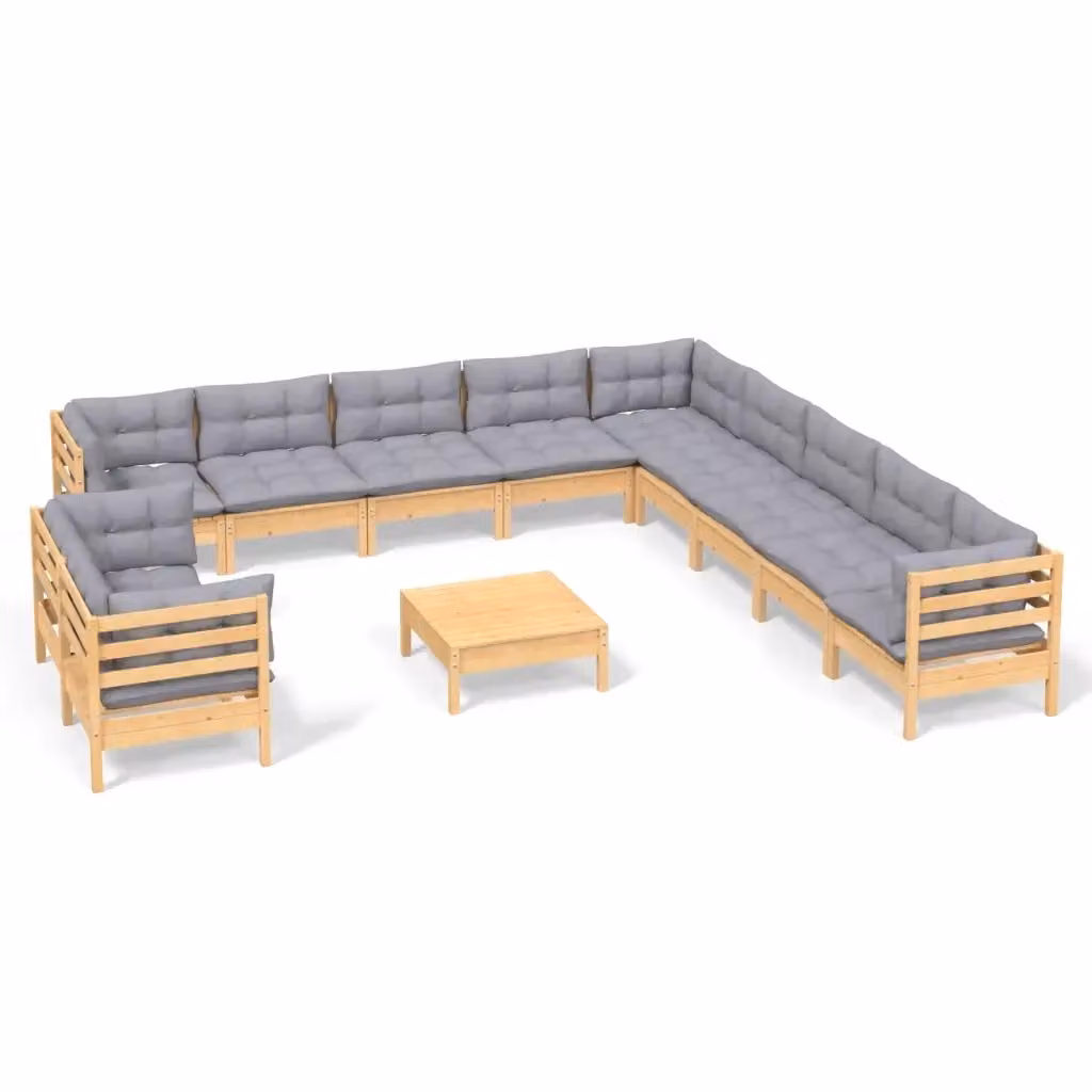Set di Divani da Giardino a Forma di U vidaXL in Legno di Pino Massello con Cuscini Grigi – 2