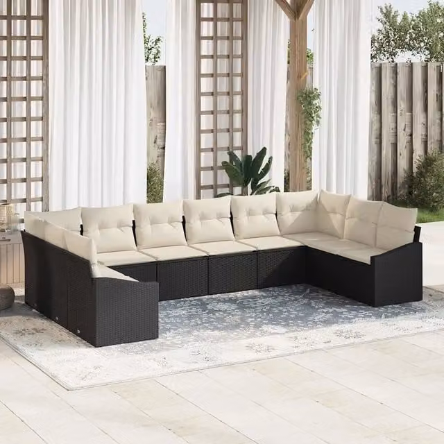 Set di divani da giardino a forma di U vidaXL in rattan nero con cuscini beige e tavolino da esterno