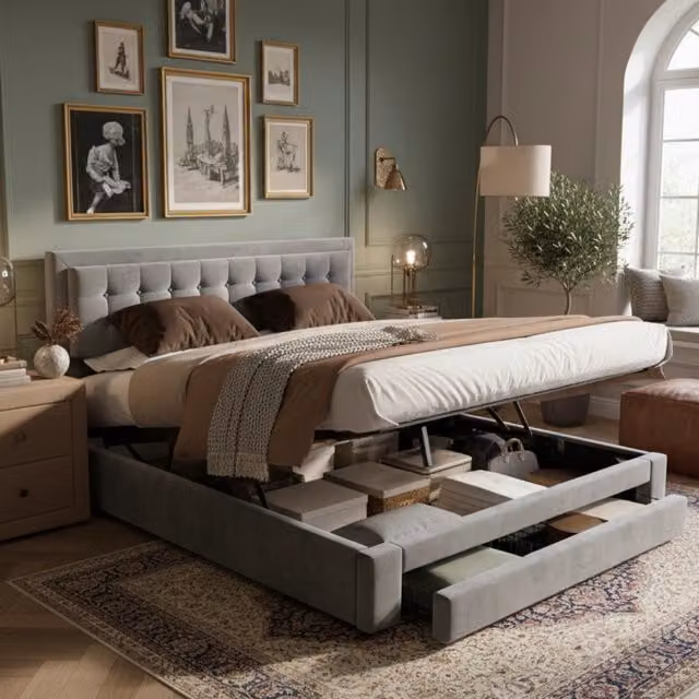Letto contenitore – 160x200 cm – cassetti rete – velluto grigio