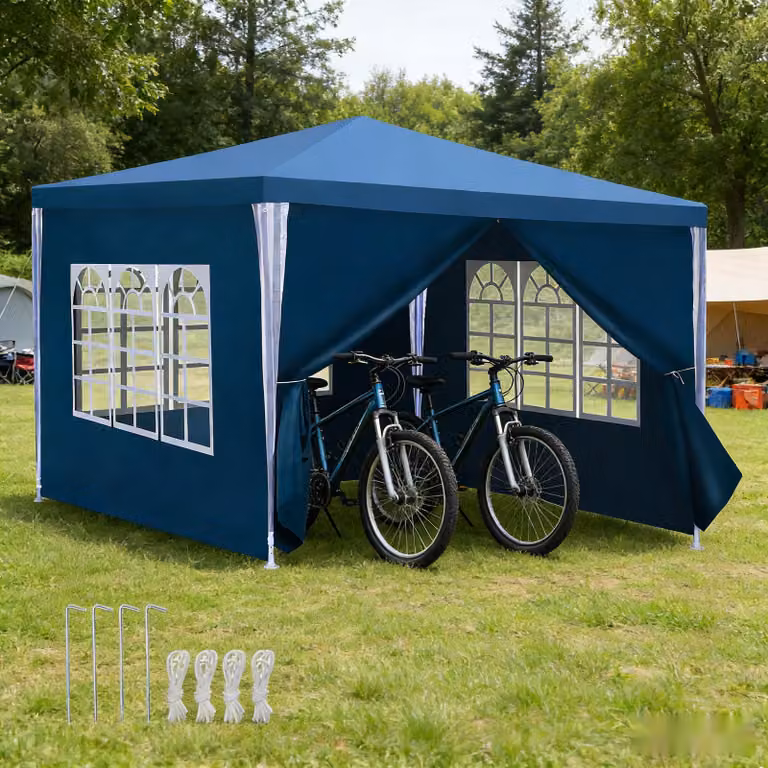Tenda da giardino 3x3 metri, impermeabile, per feste, con finestre, realizzata in telo PE, ideale per giardino, terrazzo, compleanni, colore blu