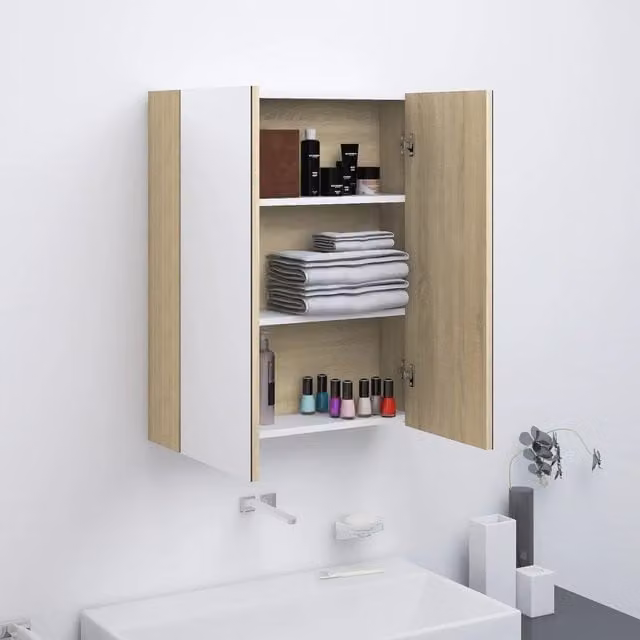 Armadietto da bagno con specchio Design Mania in MDF Bianco e Rovere, L: 60 cm, P: 15 cm, H: 75 cm