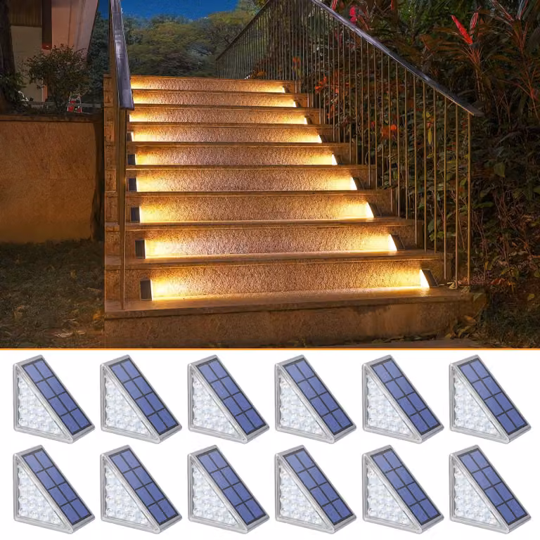 Lampade solari per scale, confezione da 12, grado di protezione IP67, luce bianco caldo, con accensione automatica