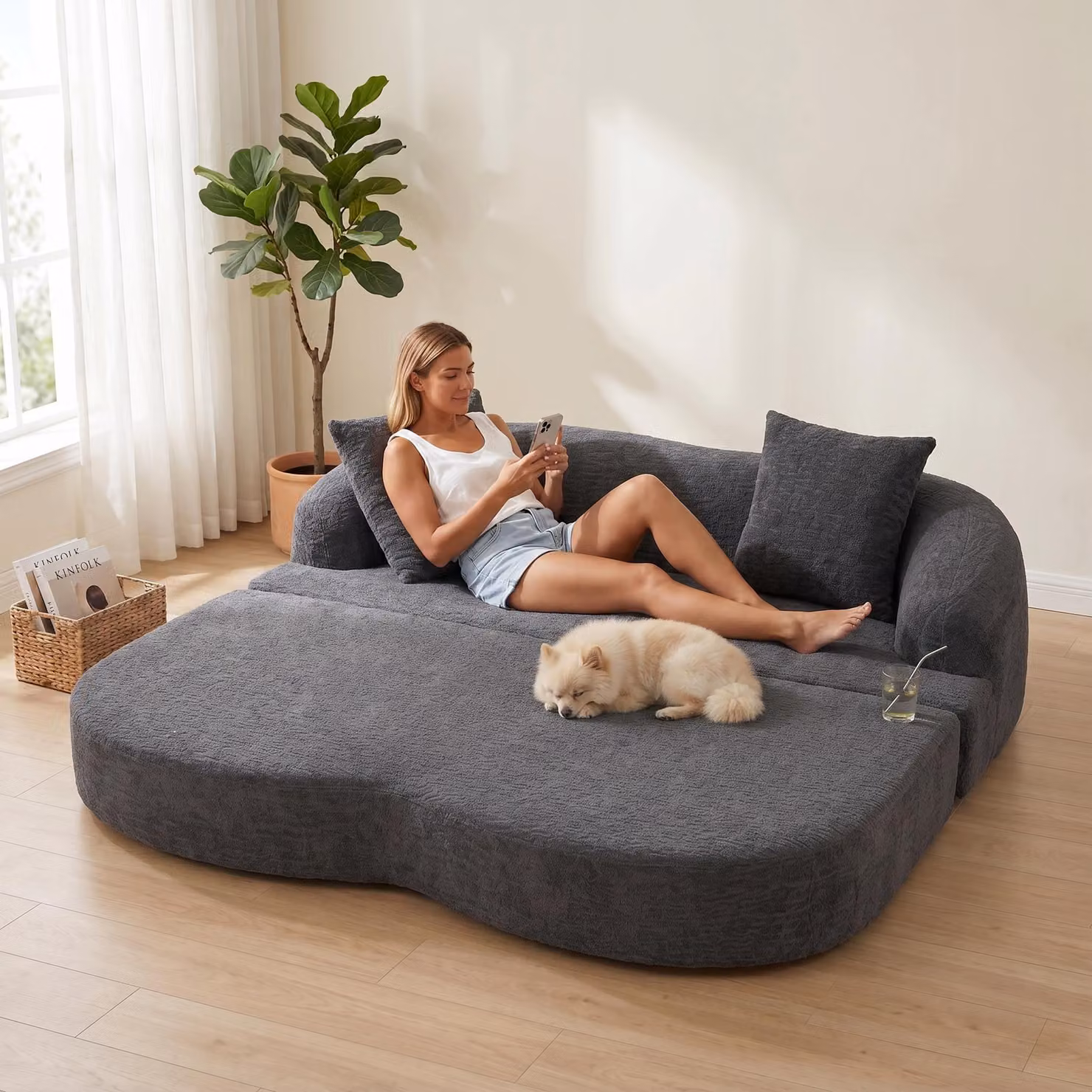 LVHOM Divano letto a 2 posti in ciniglia, divano pieghevole con funzione letto, letto pieghevole per ospiti per soggiorno in stile Japandi, grigio scuro