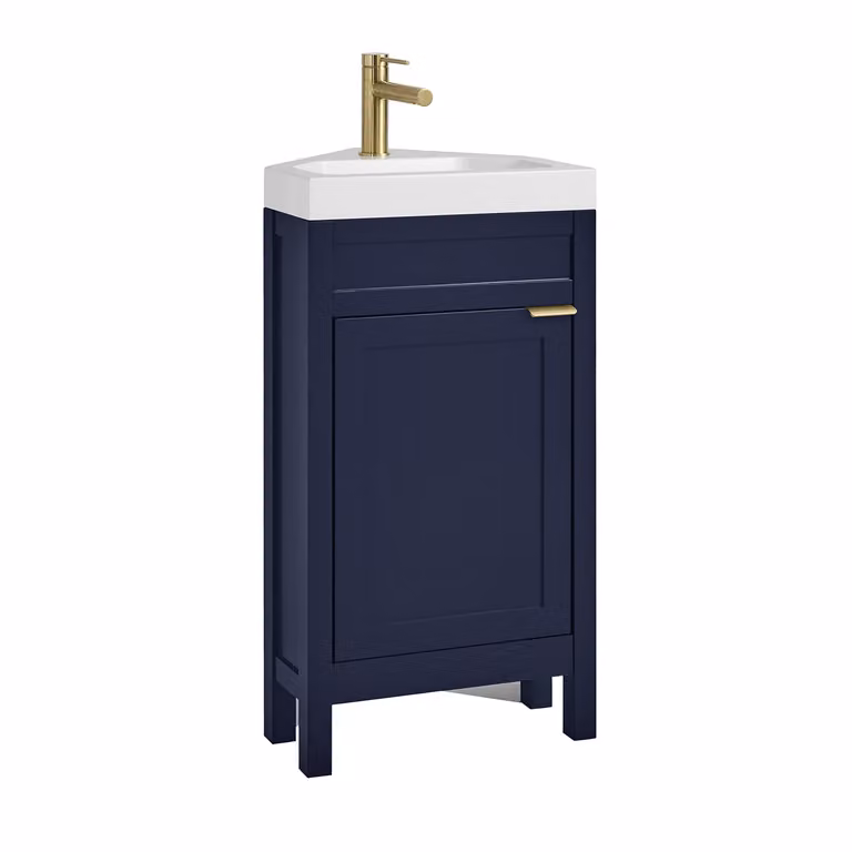 Mobile Bagno Angolare Blu Marino da 450mm con Lavabo e Maniglia Moderna con Impugnatura a Dito in Oro Satinato - Warwick