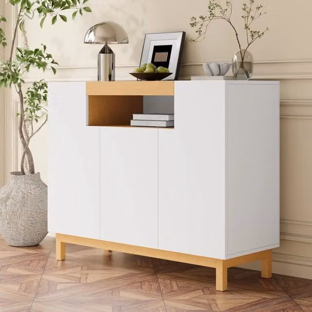 Credenza a 3 ante con vano centrale aperto in MDF bianco per soggiorno e sala da pranzo L: 120,5 cm, P: 42 cm, H: 96 cm