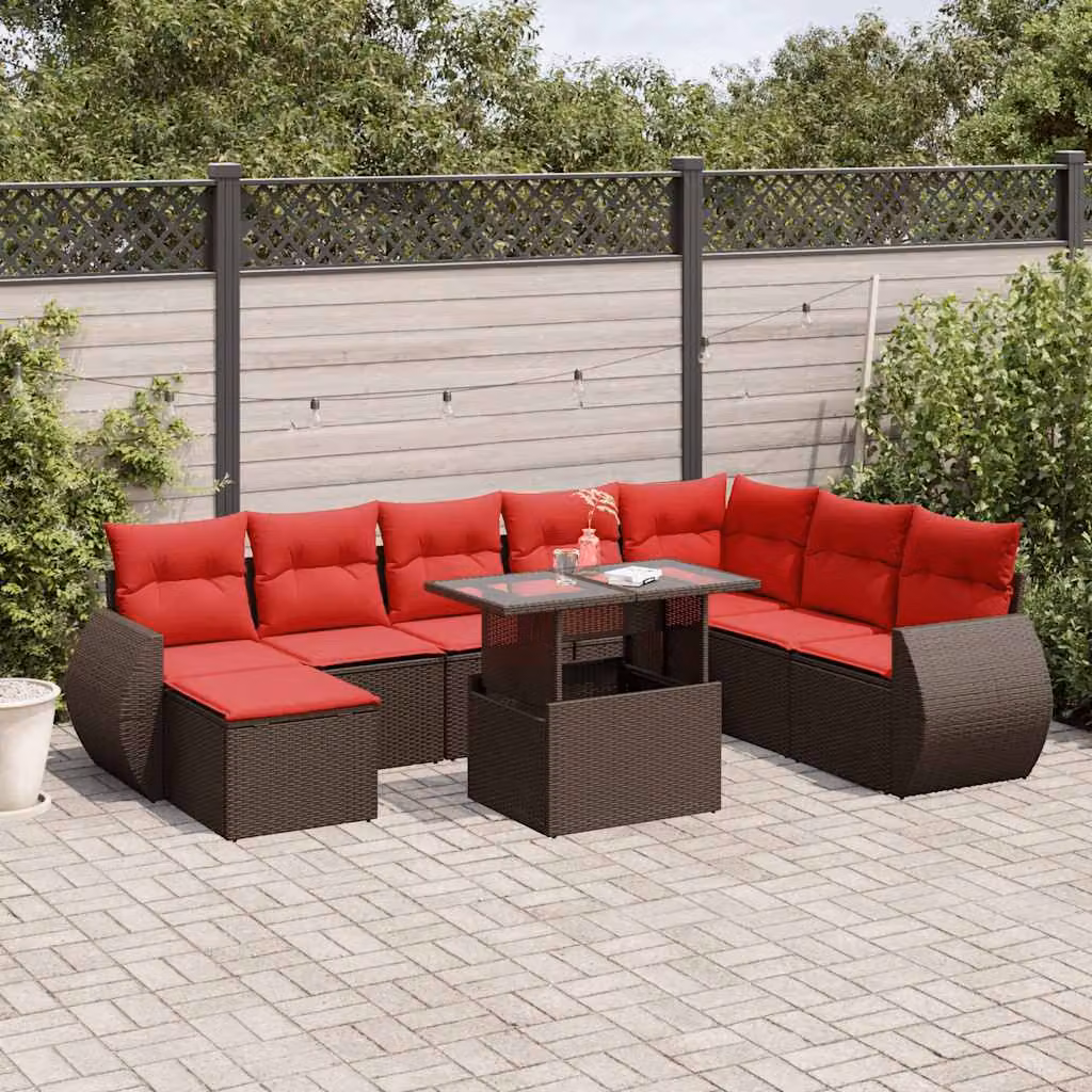 Set di divani da giardino vidaXL in polyrattan marrone con cuscini e tavolino da esterno 9 pz