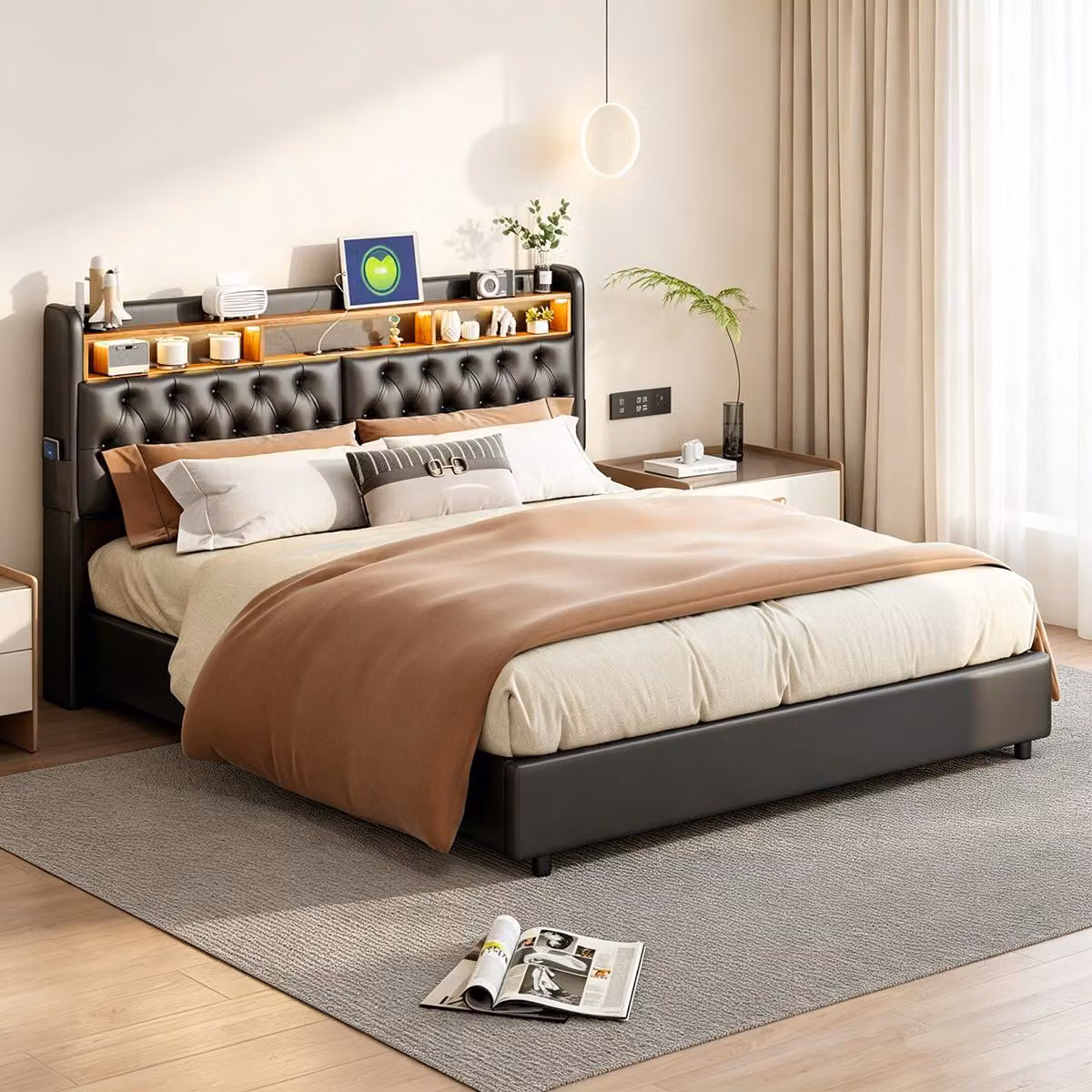 Letto con rete a molle INONEFT, dimensioni 180x200, con funzione di ricarica USB, letto imbottito per ragazzi con LED, letto matrimoniale con sistema di sollevamento idraulico, letto contenitore, rivestito in PU, colore nero.