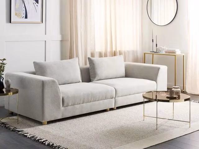 Divano 3 Posti Moderno BELIANI in Tessuto Grigio con Cuscini e Rivestimenti Rimovibili, Struttura in Legno Massello L: 260 cm, H: 72 cm, P: 59 cm