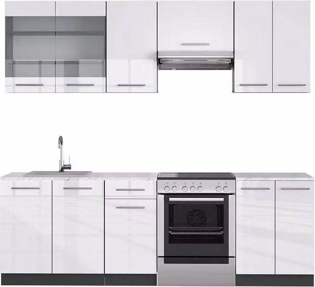 Cucina componibile moderna Vicco Fame-Line Bianco lucido e Antracite, L: 240 cm