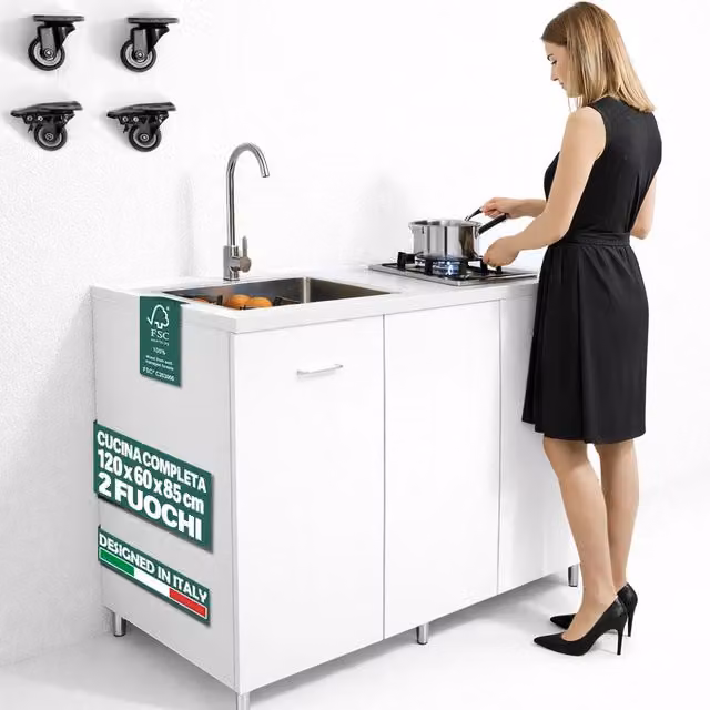 Cucina Completa 120x60cm Bianco Piano Cottura 2 Fuochi Lavello con Rubinetteria