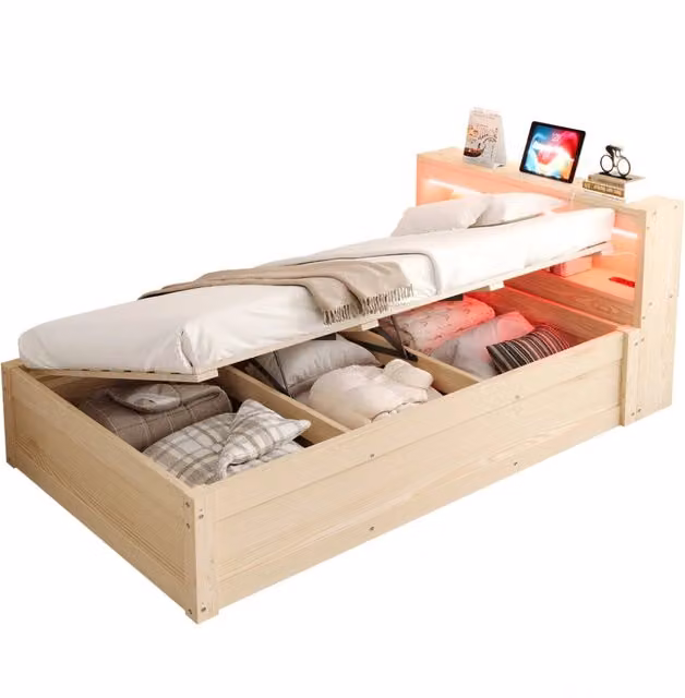 Letto singolo 90x200 in legno color legno con contenitore， LED e presa， senza materasso