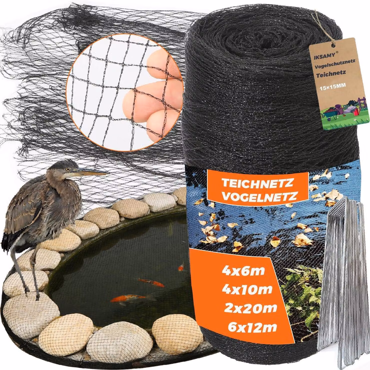 Rete di protezione per uccelli, rete per stagni, 4x10 metri, colore nero, 20 g/m², maglia fine da 15x15 mm, resistente agli agenti atmosferici