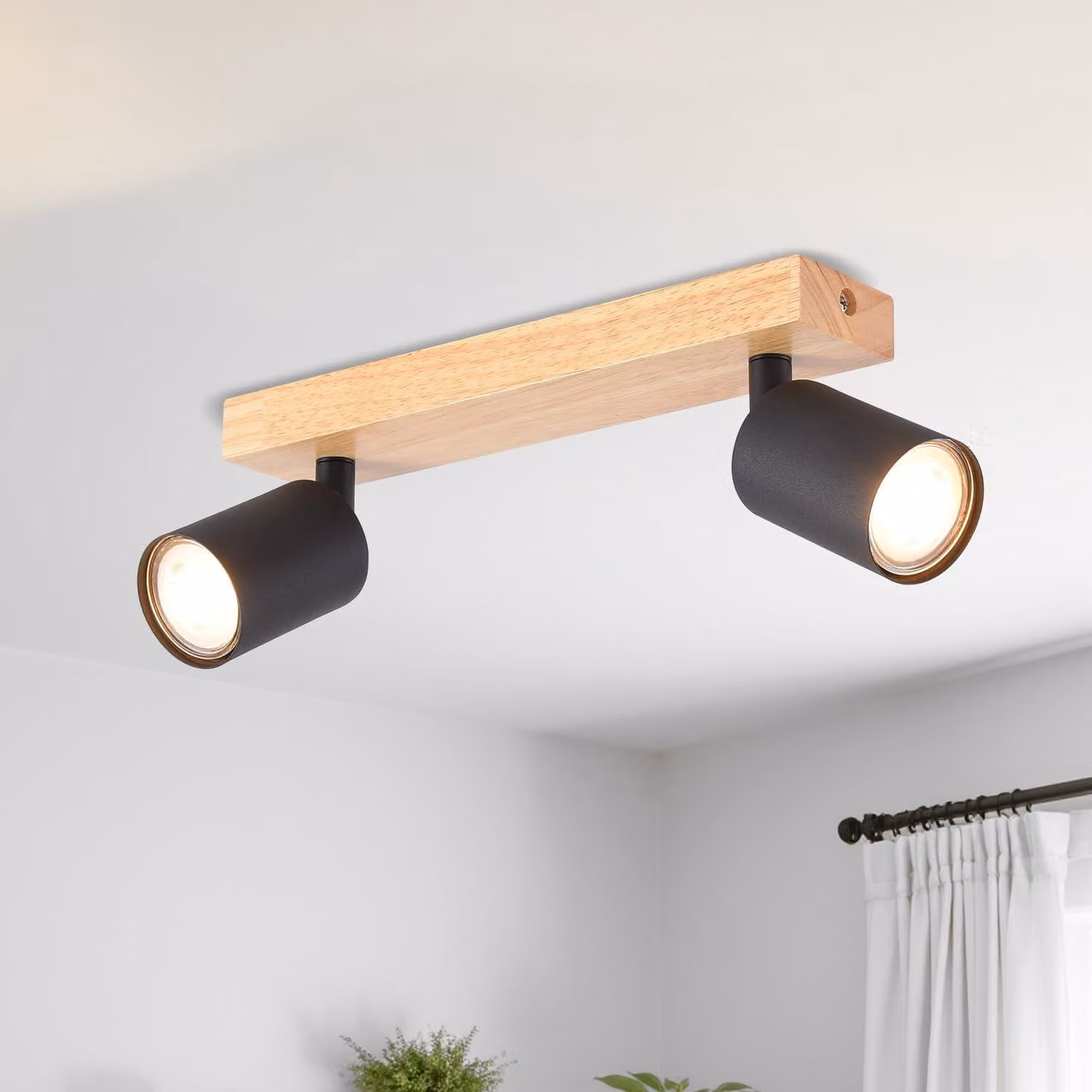 LVWIT Plafoniera LED a 2 luci, moderna lampada da soffitto orientabile, plafoniera con diffusori in legno nero, lampada da soffitto GU10 con faretti per cucina, camera da letto e soggiorno (senza lampadine)