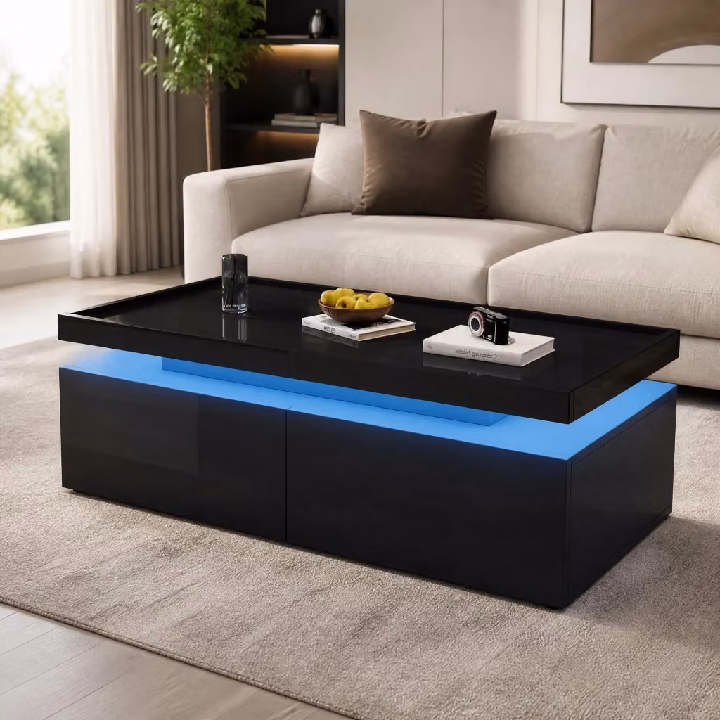 Tavolino da salotto moderno MODFU nero lucido con ripiano aperto e design minimalista L: 95 cm, P: 50 cm, H: 45 cm – 2