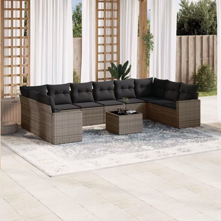 vidaXL Set Divani da Giardino 11 pz a Forma a L con Cuscini in Polyrattan Grigio