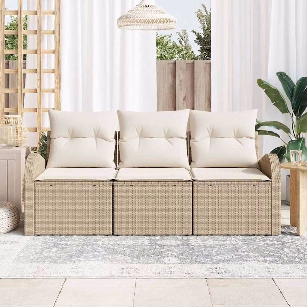 Set Divano da Giardino 3 pcs Beige e bianco Poly Rattan