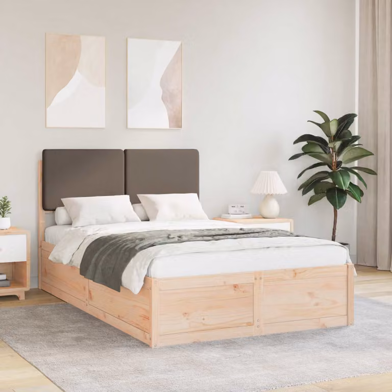 Letto con Testiera Rivestita in Tessuto e Pino Massello vidaXL, Colore Beige/Grigio, L/P/H: 120 x 200 x 93 cm