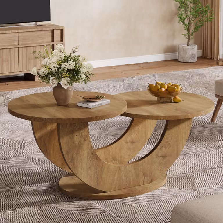 Tavolino da caffè rotondo Tribesigns, tavolino da caffè a 2 livelli con struttura a U, tavolino moderno da centrotavola, tavolino da divano per soggiorno, ufficio, natura
