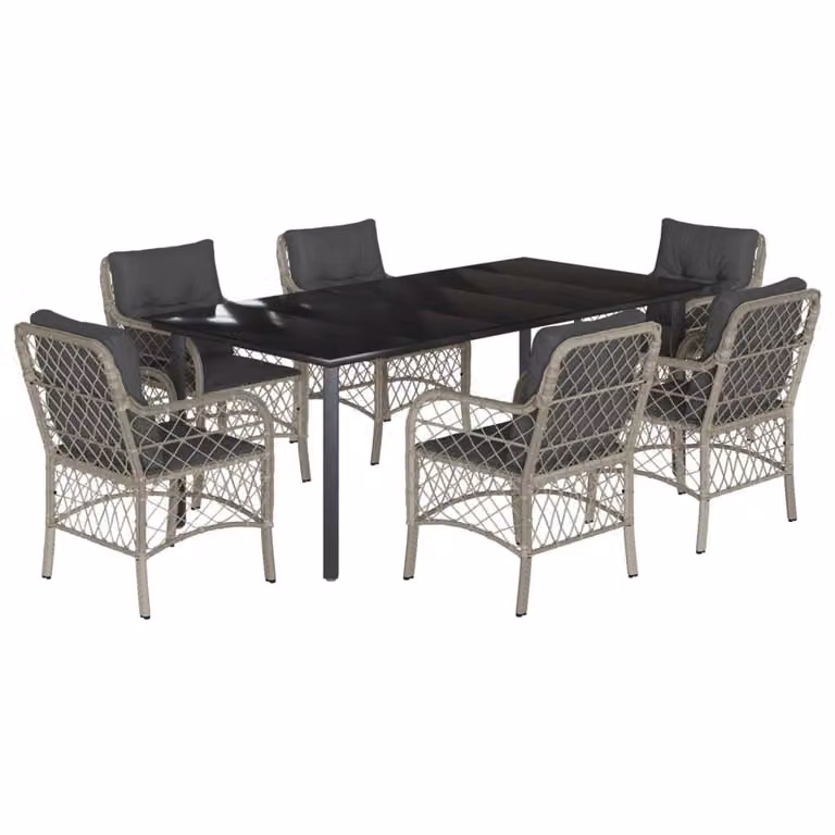 Set da Pranzo da Giardino 7 pz Cuscini Polyrattan Grigio Chiaro