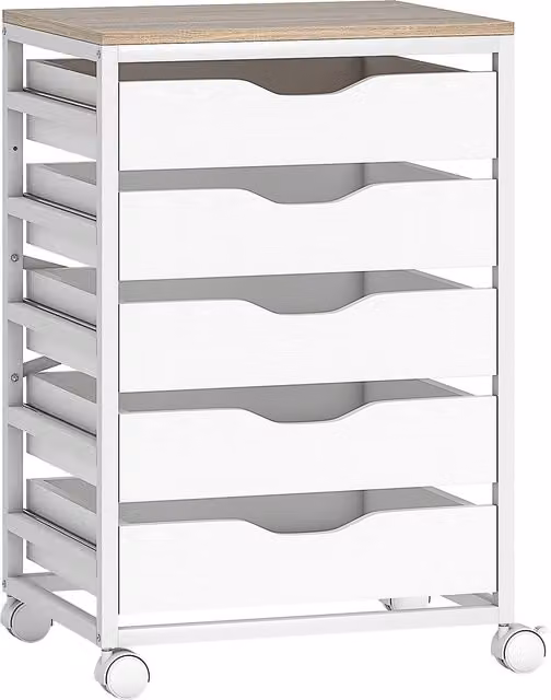 Mobiletto da ufficio HOMCOM in legno con 5 cassetti e ruote, bianco, L: 50 cm, P: 40 cm, H: 74,5 cm