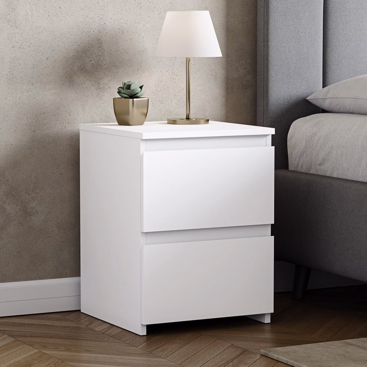 Tavolino da notte con 2 cassetti, bianco, altezza 48 cm, larghezza 39,5 cm, profondità 39,5 cm