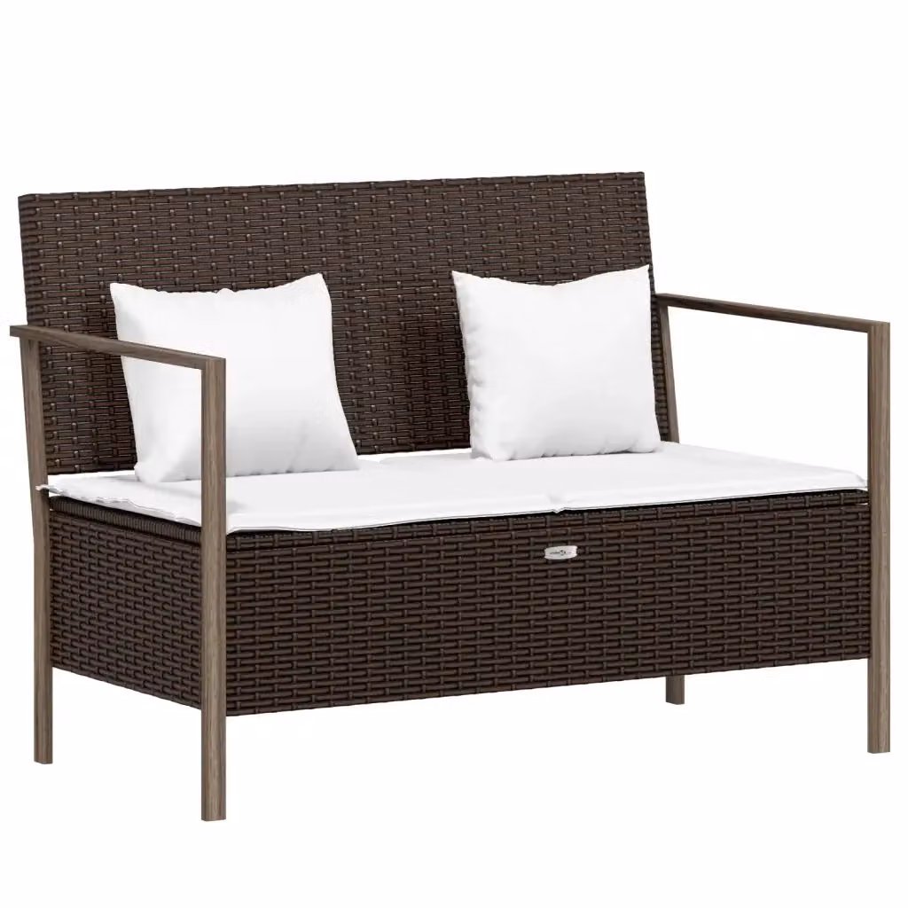 Panca da giardino a 2 posti vidaXL in polyrattan marrone e bianco con cuscini e braccioli L: 112 cm, P: 59 cm, H: 82,5 cm – 2