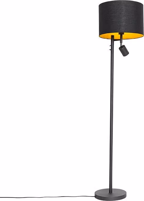 Lampada da terra nera con interni dorati e lampada da lettura Jelena