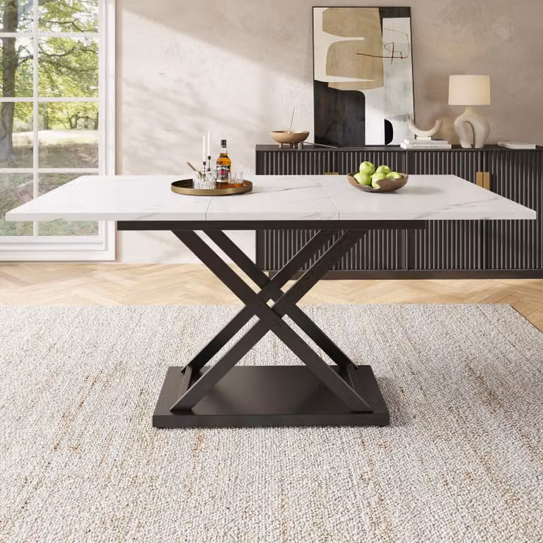 Tavolo telescopico allungabile 120-160 x 80 cm con gambe in ferro - Aspetto marmo bianco