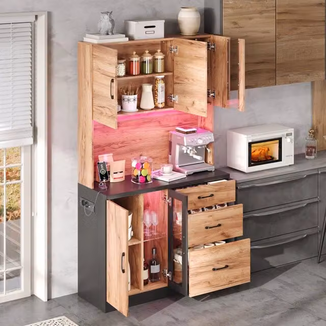 Pensile Alto da Cucina con LED e Ripiani ¨C MINIMAL ¨C Nero e Legno 105x40x180 cm