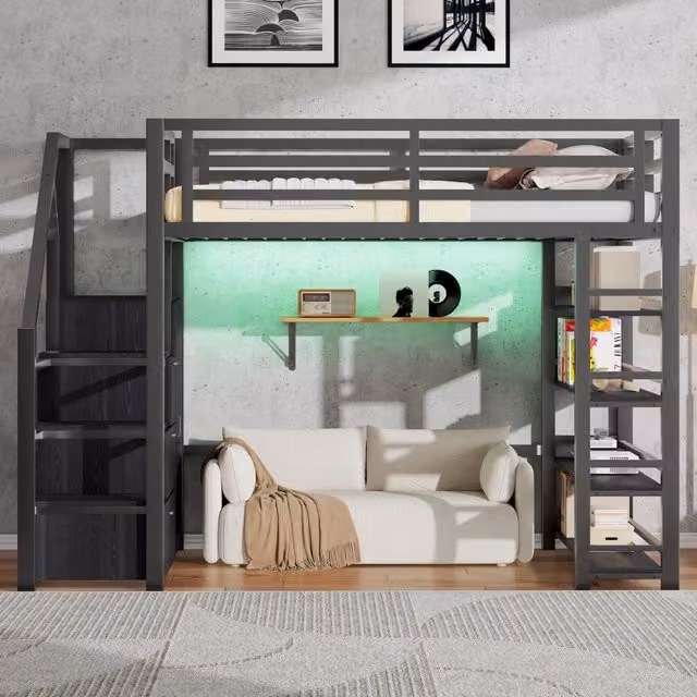 Letto a soppalco in metallo 140x200 cm con armadio; libreria; scala contenitore e LED; nero