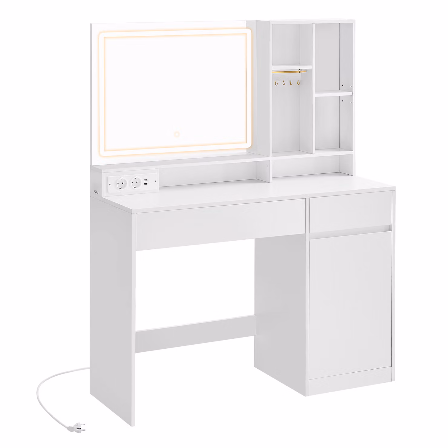 VASAGLE, tavolino da toilette con illuminazione a LED, ciabatta elettrica, tavolino da toilette mbladen, ripiani regolabili, larghezza 110 cm, portagioie