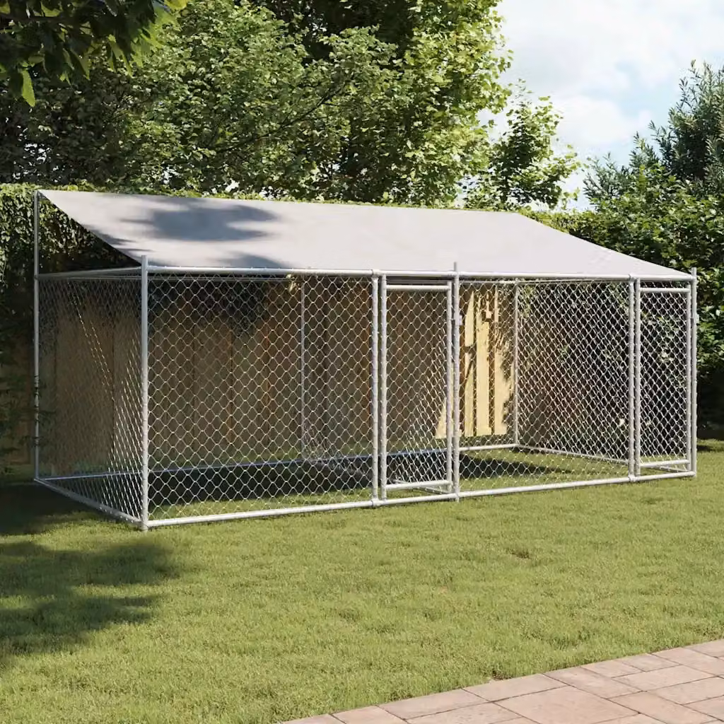 Gabbia per cani in acciaio zincato con tetto e porte, colore grigio, L: 4 m, P: 2 m, H: 2 m – 2