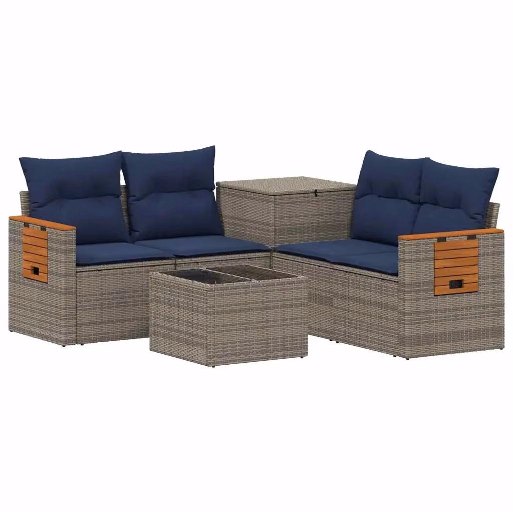 Set di divani da giardino vidaXL a forma di L composto da 6 pezzi in rattan sintetico e acciaio con cuscini inclusi, colori Grigio e Blu Navy – 2