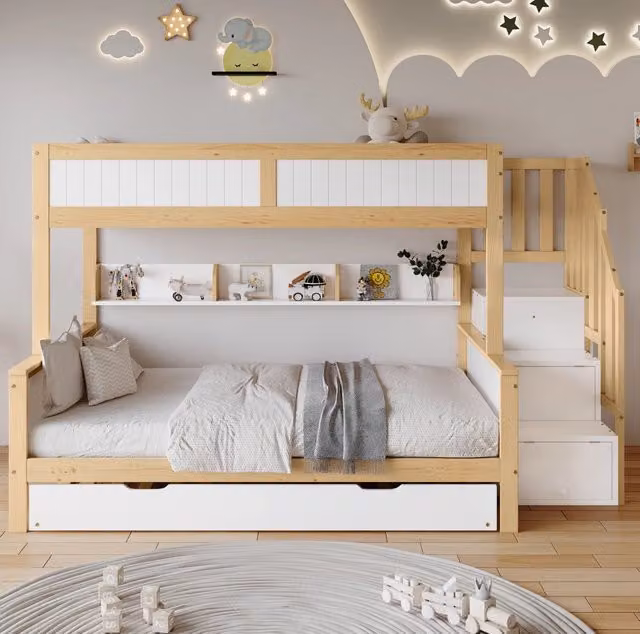 Letto a castello per bambini con letto estraibile, armadio laterale e scala con contenitori, in pino e MDF bianco e naturale, 90x200 & 120x200 cm