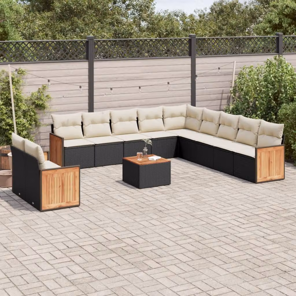 vidaXL Set Divani da Giardino 12 pz in Polyrattan Nero con Cuscini e Tavolino da Esterno – 1