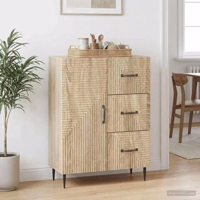 Credenza moderna vidaXL in legno MDF e metallo, colore rovere e beige, L 66 cm x P 34,5 cm x H 89,5 cm