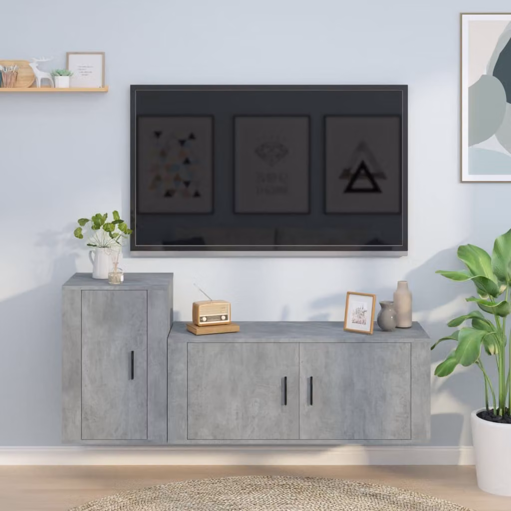 Set di mobili porta TV da soggiorno vidaXL in legno multistrato, 2 pezzi, grigio cemento, modello classico a parete