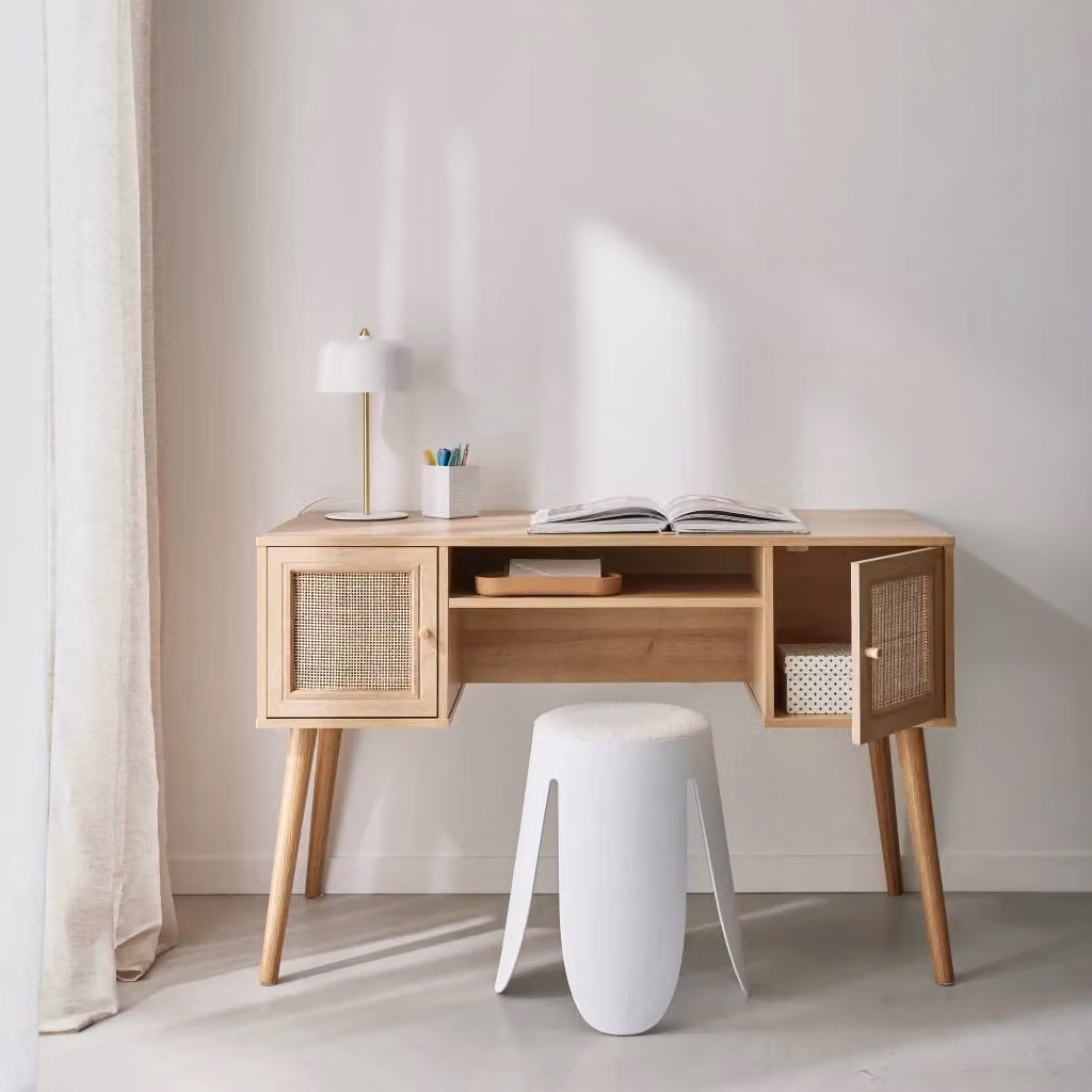 Scrivania Sweeek in legno e rattan marrone con design retro e piano rettangolare L: 120 cm, P: 60 cm, H: 76,5 cm – 2