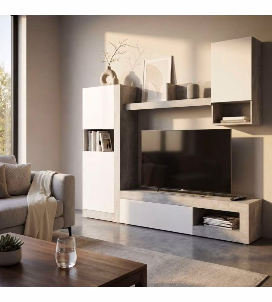 Parete Soggiorno Moderna Cosma Bianco e Grigio con Effetto Cemento L: 148 cm, P: 42 cm, H: 215,5 cm – 1