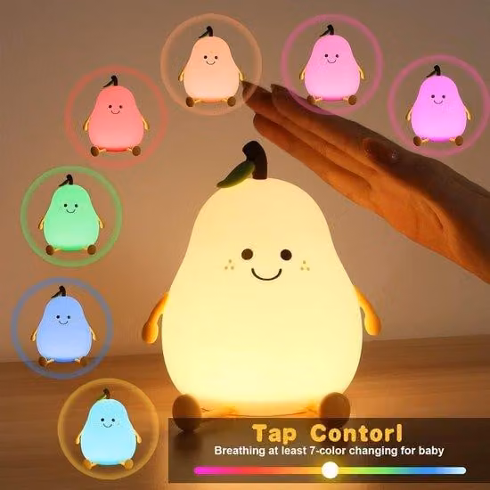 Lampada da notte per bambini - Lampada da notte in silicone a forma di pera con 7 colori - Attivazione tramite tocco - Ricarica USB e funzione timer - Per bambini e come lampada da tavolo in camera da letto