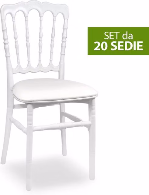 Set da 20 sedie Napoleon Okaffarefatto in plastica bianca impilabili con cuscini in similpelle bianco