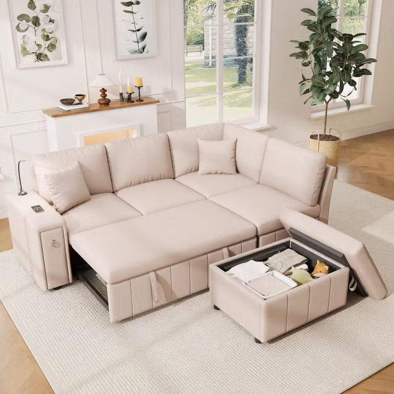Divano modulare okwish, divano ad angolo con poggiapiedi contenitore e tavolino pieghevole. Divano letto, divano lounge con porta USB e Type-C. Divano da soggiorno con luce da lettura e 2 cuscini. Set di sedute color beige