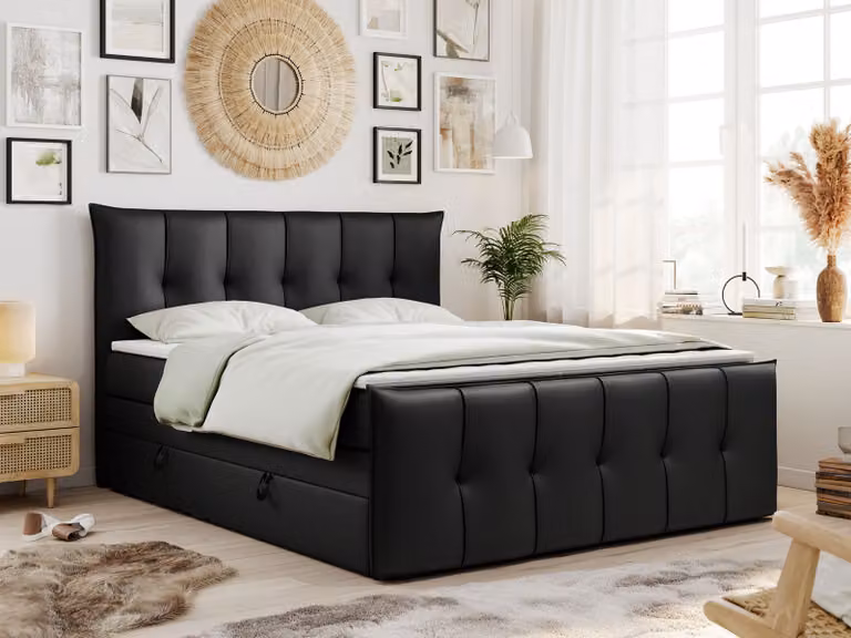 Letto con rete a molle King 140x200, letto con rete a molle 140x200 con contenitore e materasso H4, letto imbottito 140x200 con materasso, letto 140x200 con contenitore, PREMIUM-11-KING - 140x200 - Nero - Ecopelle - H4