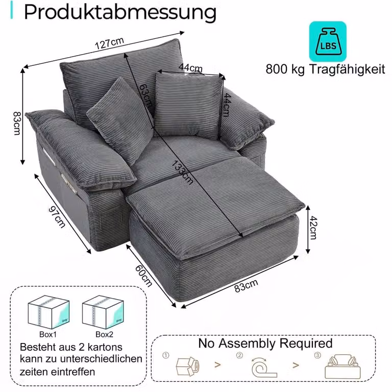 Divano Cloud - Modulare, divano letto a 1 posto - Funzione letto - Rivestimento in tessuto morbido - Poggiapiedi - Tasche portaoggetti - Grigio