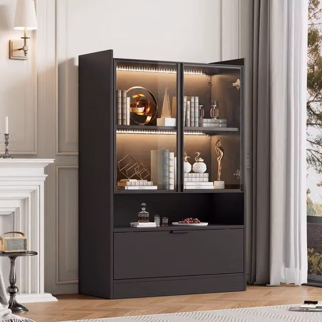 Vetrina con LED e ante in vetro temperato, 1 ribalta inferiore, per soggiorno e sala da pranzo, 120 × 80 × 35 cm