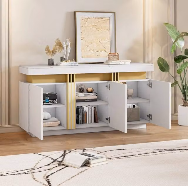 Sideboard moderno bianco 140x38x70 cm con 3 ante e ripiani regolabili per soggiorno, cucina e ingresso