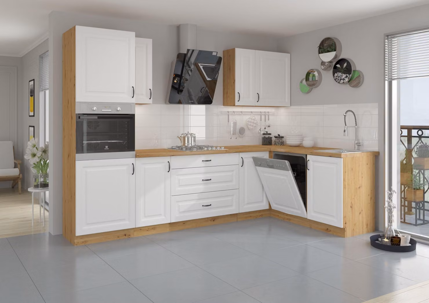 Cucina Stilo Bianca + Rovere Artisan, cucina a incasso, cucina ad angolo