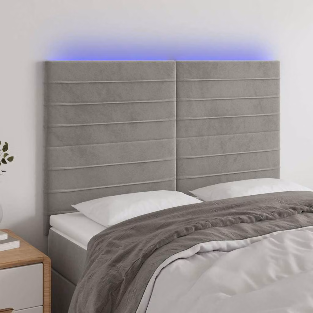 Testiera per letto vidaXL in velluto grigio con illuminazione LED e porta di ricarica USB, L: 144 cm, P: 5 cm, H: 118/128 cm