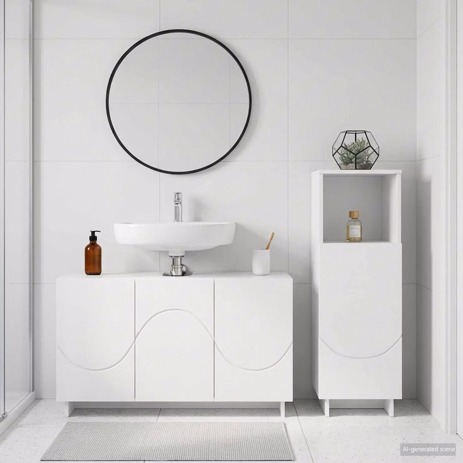 Set di mobili da bagno moderno vidaXL in 2 pezzi, colore bianco opaco, in legno MDF, con vanità e armadietto a libera installazione, L/P/H: 101,0 x 40,79 x 58,0 cm