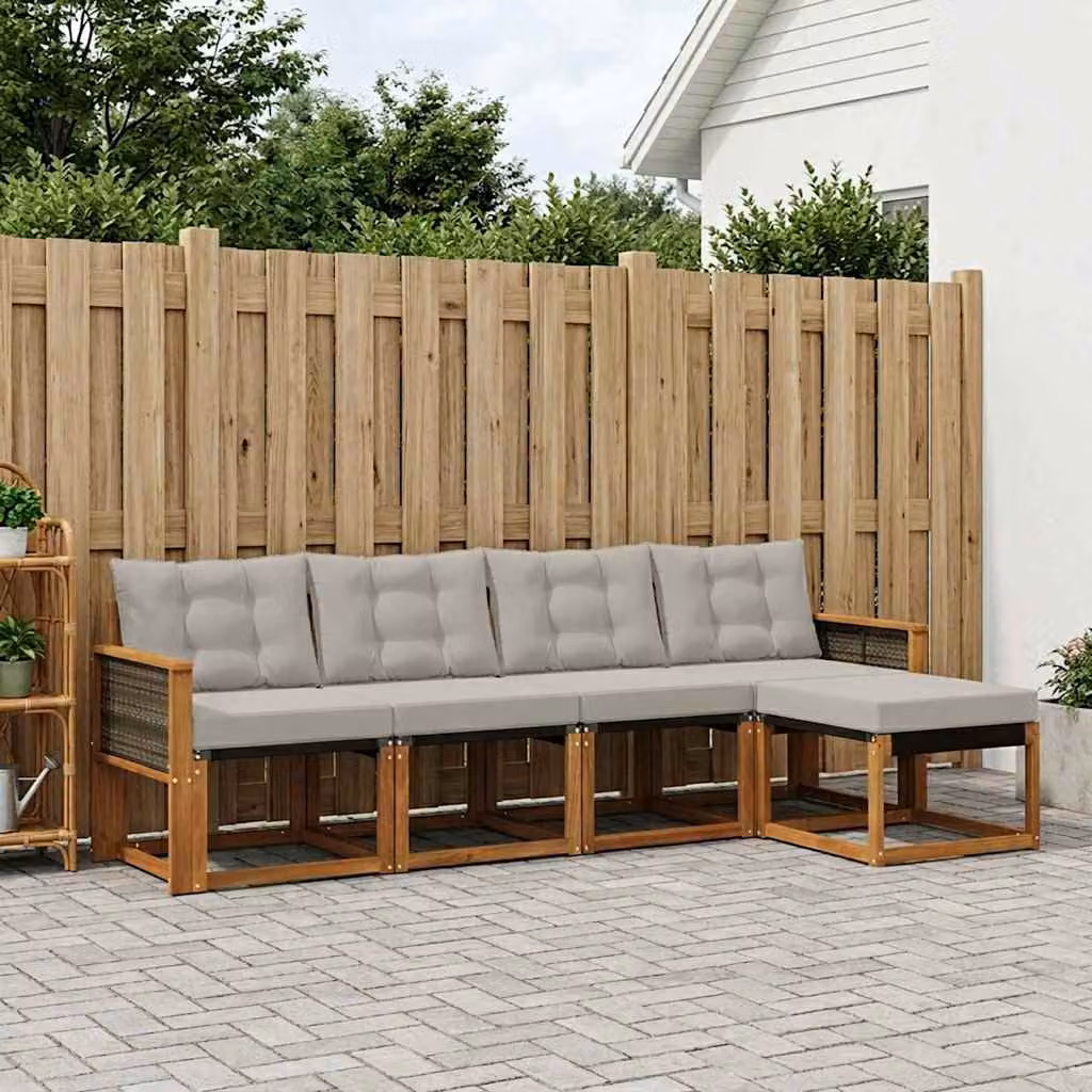 vidaXL Set di divani da esterno a L composto da 5 pezzi in legno di acacia e textilene, colori beige, grigio e marrone